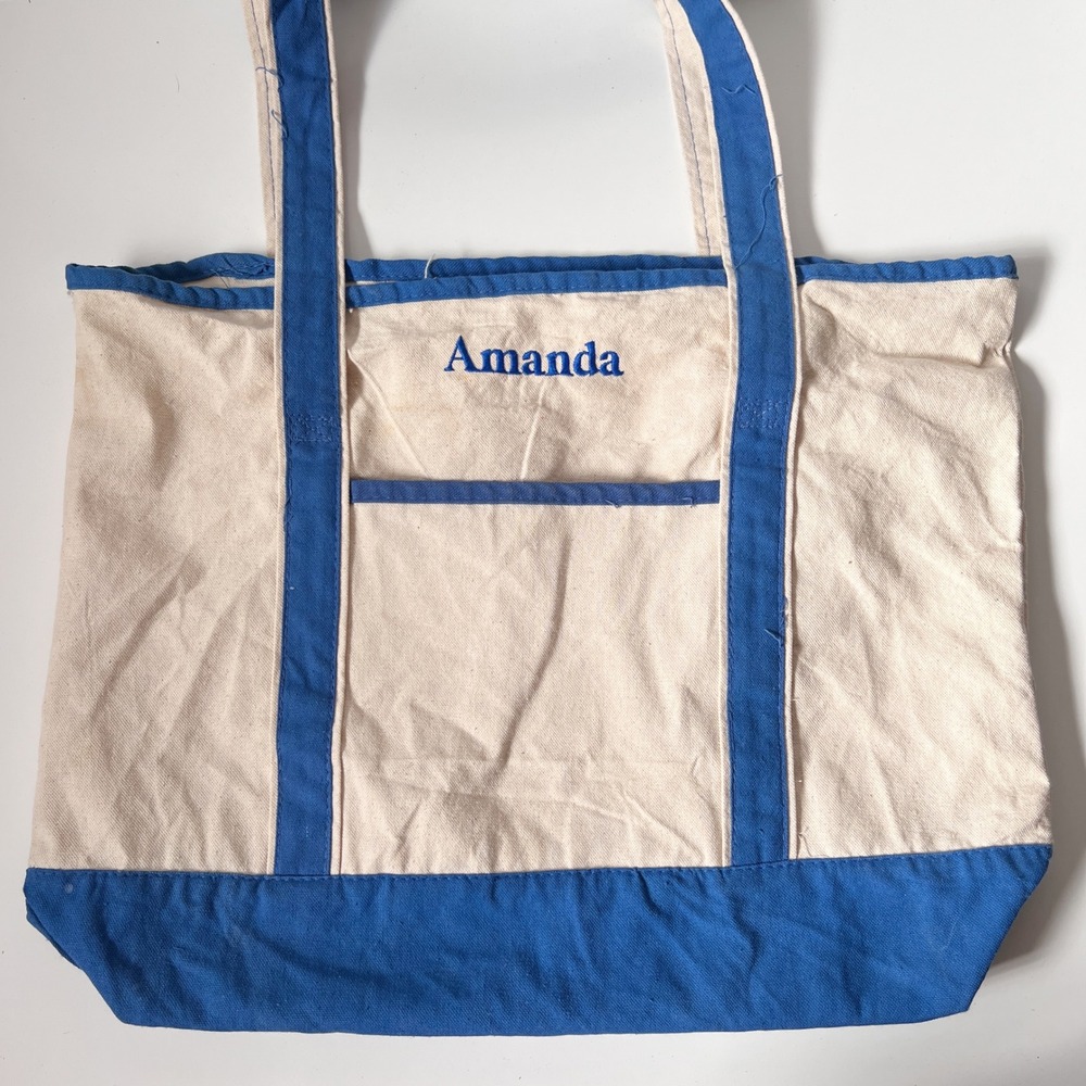 Vintage Canvas Boat Tote Bag Large Cream Blue Amanda‎ Embroidered Coastal Preppy